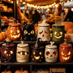Könnte beinhalten: Eine Sammlung von zehn Keramikgefäßen mit Deckeln im Halloween-Design, jedes mit einem einzigartigen Charakter wie Kürbis, schwarze Katze, Geist, Frankenstein-Monster, Vampir, Mumie, Hexenhut, Totenkopf und Kürbislaterne, die alle von innen beleuchtet sind.
