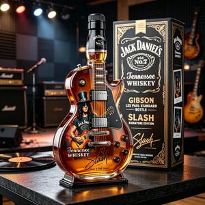 Puede incluir: Una botella de whisky Jack Daniel's Tennessee con forma de guitarra Gibson Les Paul, con un gráfico de Slash, su firma y el texto 'Rock N' Roll Legend'. Se encuentra junto a una caja negra y dorada 'Slash Signature Edition'.