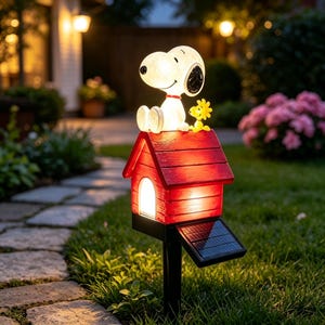 May include: A solar-powered garden light featuring a white Snoopy figure sitting on top of a red doghouse with a yellow Woodstock figure beside it. The doghouse has a glowing white arched doorway and a black solar panel attached to the side.