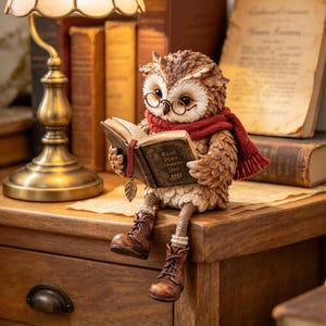 May include: A brown owl figurine wearing round wire-rimmed glasses and a red knit scarf, sitting while reading an open book with the text "Kind Creature Day" on the cover. The owl wears brown lace-up boots and holds a leaf-shaped bookmark.