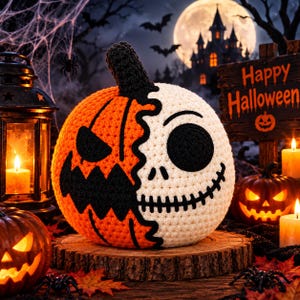 May include: A round, crocheted pumpkin decoration featuring a split design. One half is bright orange with a jagged black face, while the other half is off-white with a black circular eye and a stitched mouth. It has a black crocheted stem.