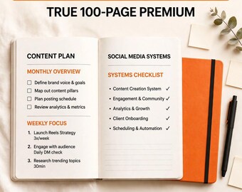 Social Media Business Operating System | 100 Page Premium Content Planner System | 100 Hooks + 30 Day Calendar | PLR MRR Canva Editable