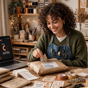 Op de afbeelding: Een laptop met een Etsy-besteloverzicht met oranje grafieken op een houten bureau, omringd door bruine papieren pakketten, verzendlabels, rollen plakband en diverse kantoorartikelen voor het verwerken van bestellingen.