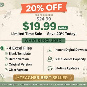 May include: A digital product advertisement for a teacher grade book template. Text includes 20% OFF, $19.99 SALE, WHAT'S INCLUDED, 4 Excel Files, Instant Digital Download, 60 Students Capacity, Lifetime Updates, and TEACHER BEST SELLER.