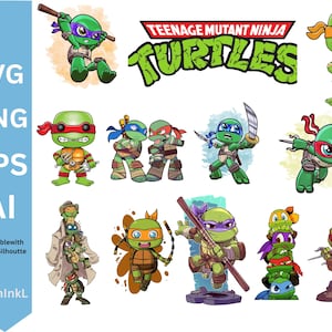 Op de afbeelding: Een digitale grafische collectie met Teenage Mutant Ninja Turtles-personages in diverse actiehoudingen, inclusief individuele figuren en gestapelde groepen, met het franchiselogo en de bestandsformaatlabels SVG, PNG, EPS en AI inbegrepen.
