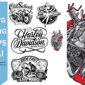 May include: A digital graphic collection featuring Harley-Davidson logos, motorcycle illustrations, and a mechanical heart design. The set includes text elements like Old School, Ride Fast, Live Hard, and file formats SVG, PNG, EPS, and AI listed vertically.