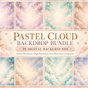 Könnte beinhalten: Eine Sammlung von 19 digitalen Hintergründen mit dem Titel Pastel Cloud Backdrop Bundle. Die Bilder zeigen weiche, malerische Wolken in verschiedenen Pastelltönen, akzentuiert mit goldenen Mondsicheln und funkelnden Sternen.