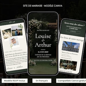Peut inclure: Trois écrans de smartphone affichant un modèle de site de mariage Canva. L'écran central présente le texte 'Louise & Arthur' et '14 Juin 2027'. L'écran de gauche montre des photos et du texte, tandis que l'écran de droite affiche les détails de l'événement.