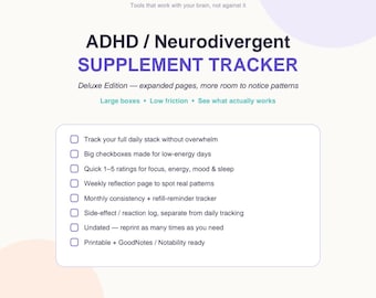 ADHD-supplementen-tracker-app | Volledig invulbaar werk-pdf + printbaar | Geen Canva-sjabloon meer | Offline digitaal logboek