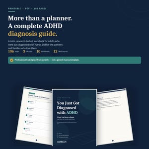 Può includere: Una guida alla diagnosi dell'ADHD in formato PDF stampabile di 106 pagine. La copertina blu scuro riporta il testo 'You Just Got Diagnosed with ADHD' e 'ADHDsoft'. Le pagine interne mostrano un modello di check-in settimanale e testi informativi.