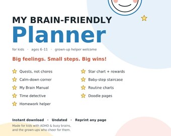 ADHD Kids Planner, Fillable Digital + Printable PDF, Ages 6-11, Routine Chart, Star Chart, Homework Helper, Calm Down Corner, US Letter