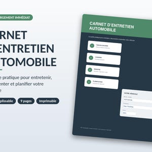 Könnte beinhalten: Eine digitale Vorlage für ein Auto-Wartungsheft in Dunkelgrün und Anthrazit. Das Dokument enthält Abschnitte für Armaturenbrett, Wartung, Register und Planung sowie ein Formular für Fahrzeugdaten wie Marke, Modell und Baujahr.