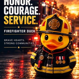 May include: A yellow rubber duck dressed as a firefighter in a black jacket with yellow reflective stripes, a yellow helmet, and three medals. The text reads: HONOR. COURAGE. SERVICE. FIREFIGHTER DUCK. BRAVE HEARTS. STRONG COMMUNITIES.