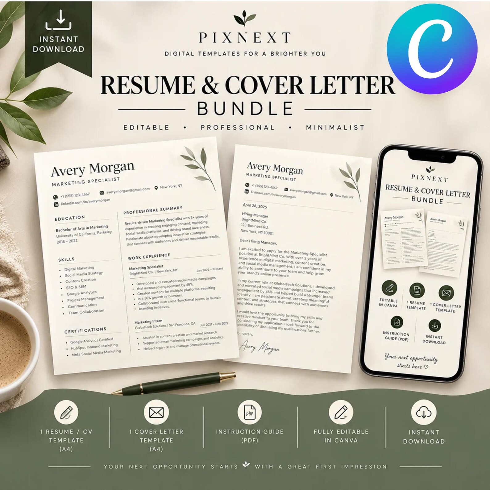 Editable Canva Resume Template Bundle, Minimalist CV and Matching Cover ...