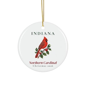Indiana State Bird Ornament, Northern Cardinal Christmas Ornament 2026, Watercolor Bird Ornament, Indiana Gift for Bird Lover afbeelding 1
