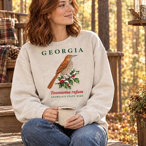 Sweatshirt met de staatsvogel van Georgia, ronde hals met aquarelprint van een vogel, cadeau voor vogelaars uit Georgia, sweatshirt met natuurmotief uit het zuiden, cadeau voor vogelliefhebbers afbeelding 3