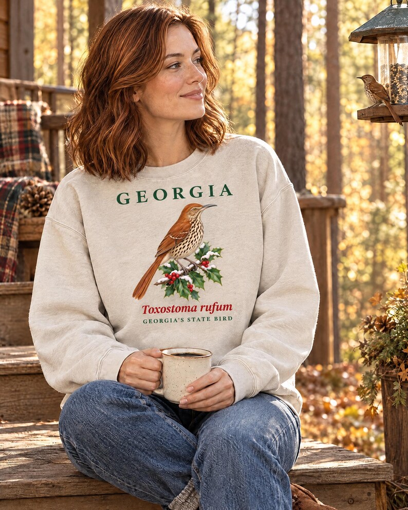 Sweatshirt met de staatsvogel van Georgia, ronde hals met aquarelprint van een vogel, cadeau voor vogelaars uit Georgia, sweatshirt met natuurmotief uit het zuiden, cadeau voor vogelliefhebbers afbeelding 3