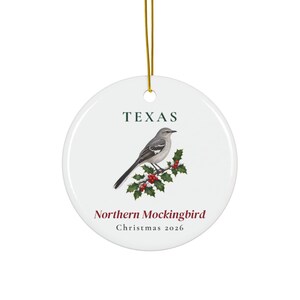 Texas State Bird Ornament, Northern Mockingbird Christmas Ornament 2026, Watercolor Bird Ornament, Texas Gift for Bird Lover image 1