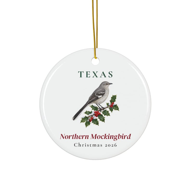 Texas State Bird Ornament, Northern Mockingbird Christmas Ornament 2026, Watercolor Bird Ornament, Texas Gift for Bird Lover image 1