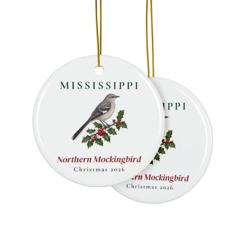Mississippi State Bird Ornament, Northern Mockingbird Christmas Ornament 2026, Watercolor Bird Ornament, Mississippi Gift for Bird Lover image 2