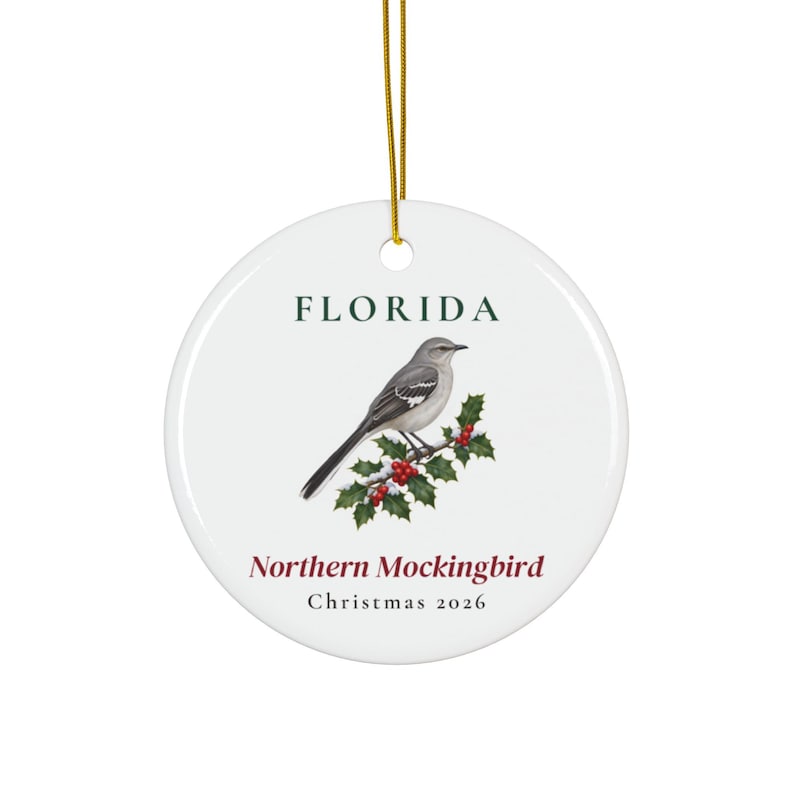 Florida State Bird Ornament, Northern Mockingbird Christmas Ornament 2026, Watercolor Bird Ornament, Florida Gift for Bird Lover image 1