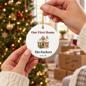 Our First Home Ornament 2026, Personalized New Home Christmas Ornament, Family Name Housewarming Gift, Watercolor Cottage Keepsake image 1