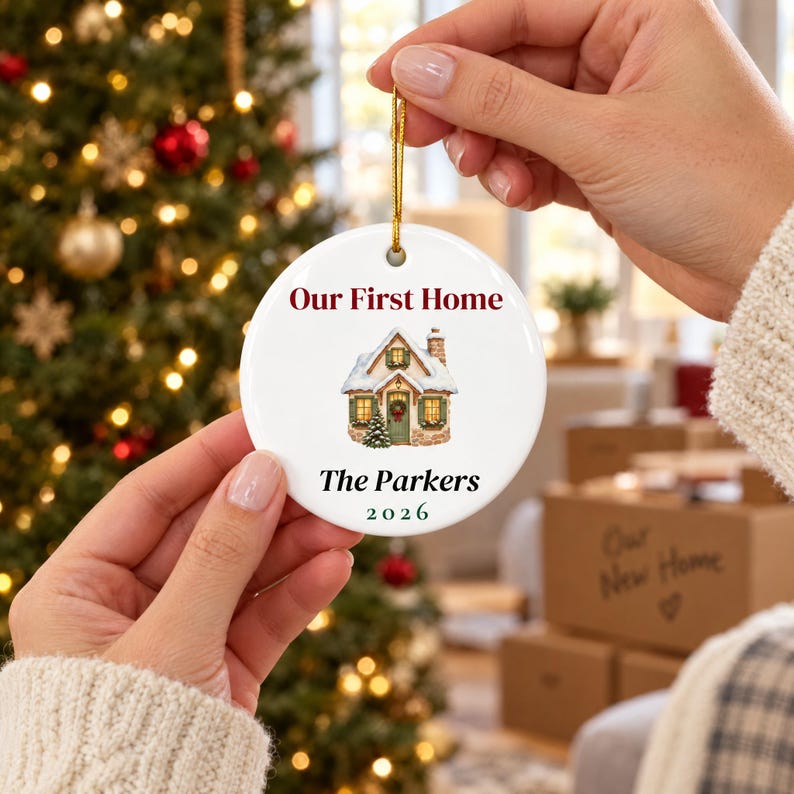 Our First Home Ornament 2026, Personalized New Home Christmas Ornament, Family Name Housewarming Gift, Watercolor Cottage Keepsake image 1