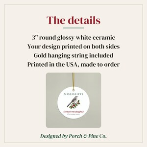 Mississippi State Bird Ornament, Northern Mockingbird Christmas Ornament 2026, Watercolor Bird Ornament, Mississippi Gift for Bird Lover image 4