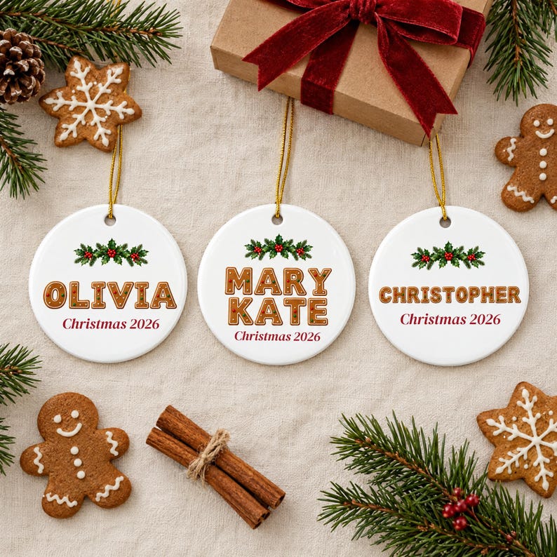 Gingerbread Name Ornament 2026, Personalized Kids Christmas Ornament, Gingerbread Cookie Letters, Custom Name Ceramic Ornament Gift 画像 3