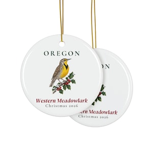 Ornamento natalizio con l'uccello simbolo dello stato dell'Oregon, l'allodola occidentale (Western Meadowlark), 2026, realizzato con la tecnica dell'acquerello, un regalo perfetto per gli amanti degli uccelli. immagine 2