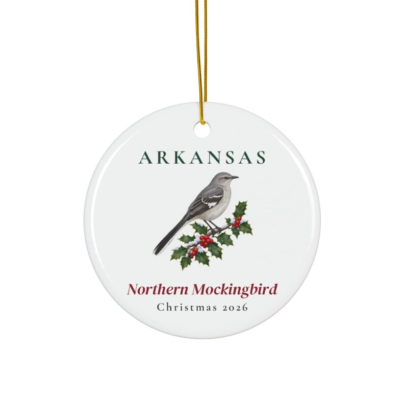 Arkansas State Bird Ornament, Northern Mockingbird Christmas Ornament 2026, Watercolor Bird Ornament, Arkansas Gift for Bird Lover image 1