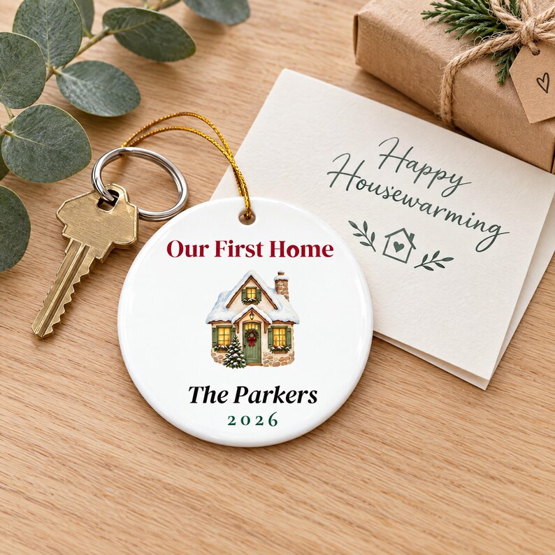 Our First Home Ornament 2026, Personalized New Home Christmas Ornament, Family Name Housewarming Gift, Watercolor Cottage Keepsake image 3