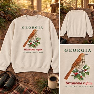 Sweatshirt met de staatsvogel van Georgia, ronde hals met aquarelprint van een vogel, cadeau voor vogelaars uit Georgia, sweatshirt met natuurmotief uit het zuiden, cadeau voor vogelliefhebbers afbeelding 2