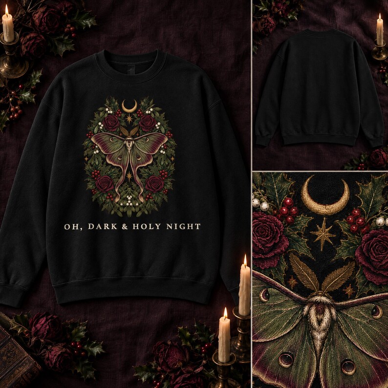 Gothic Christmas Sweatshirt, Luna Moth Holly Wreath Crewneck, Dark Academia Christmas Sweater, Witchy Moody Holiday Gift image 2