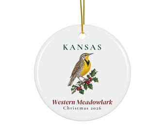 Ornement d'oiseau de l'État du Kansas, Sturnelle de l'Ouest, Ornement de Noël 2026, Ornement d'oiseau aquarelle, Cadeau du Kansas pour les amoureux des oiseaux