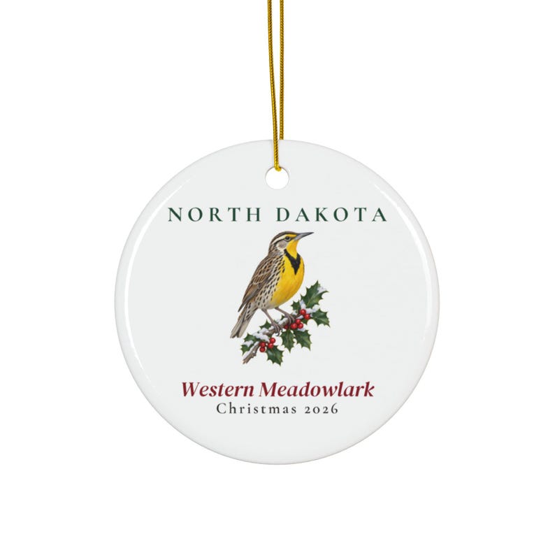 Ornement d'oiseau de l'État du Dakota du Nord, Sturnelle de l'Ouest, Ornement de Noël 2026, Ornement d'oiseau aquarelle, Cadeau du Dakota du Nord pour les amoureux des oiseaux image 1
