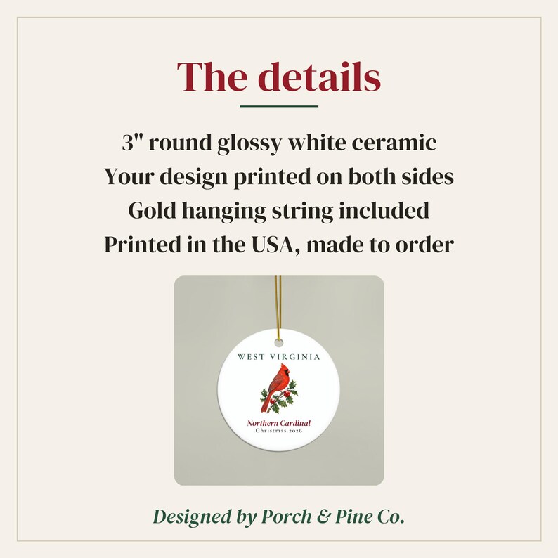 Kerstornament met de staatsvogel van West Virginia, Noordelijke kardinaal, kerstornament 2026, aquarel vogelornament, cadeau uit West Virginia voor vogelliefhebbers afbeelding 4