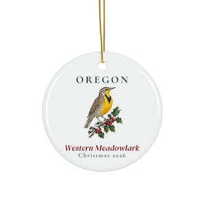 Ornamento natalizio con l'uccello simbolo dello stato dell'Oregon, l'allodola occidentale (Western Meadowlark), 2026, realizzato con la tecnica dell'acquerello, un regalo perfetto per gli amanti degli uccelli. immagine 1