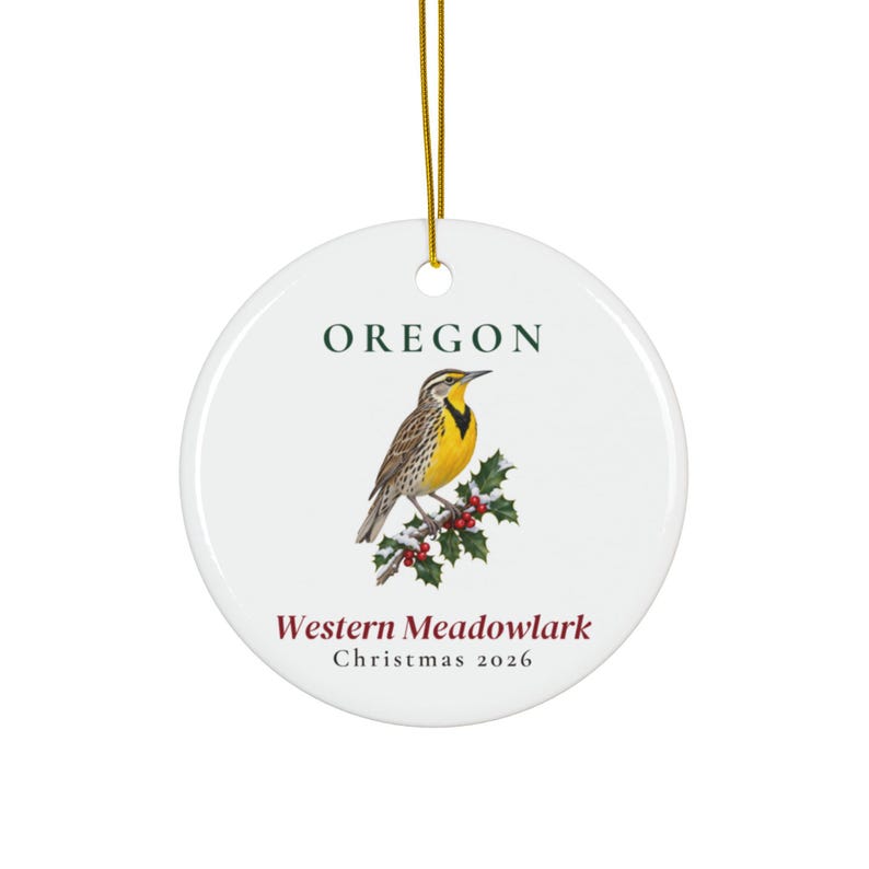 Ornamento natalizio con l'uccello simbolo dello stato dell'Oregon, l'allodola occidentale (Western Meadowlark), 2026, realizzato con la tecnica dell'acquerello, un regalo perfetto per gli amanti degli uccelli. immagine 1