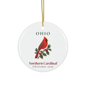 Ohio State Bird Ornament, Northern Cardinal Christmas Ornament 2026, Watercolor Bird Ornament, Ohio Gift for Bird Lover image 1