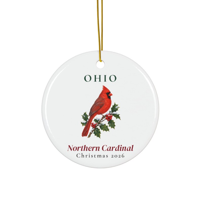 Ohio State Bird Ornament, Northern Cardinal Christmas Ornament 2026, Watercolor Bird Ornament, Ohio Gift for Bird Lover image 1