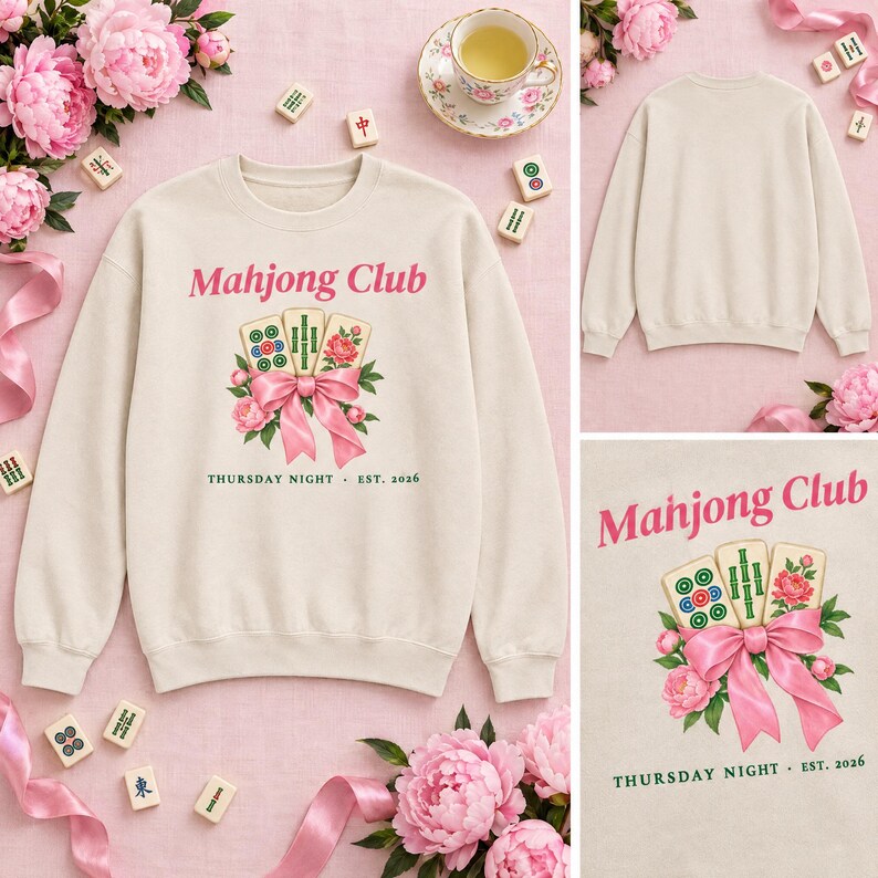 Sudadera del Club de Mahjong, Sudadera personalizada para Grupo de Mahjong, Regalo personalizado para Noche de Mahjong, Sudadera con Fichas de Mahjong con Lazo Rosa imagen 2