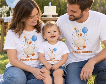 Set di 3 magliette per la famiglia a tema oche, Magliette di compleanno "Mamma Oca, Papà Oca", Completo coordinato per il primo compleanno in famiglia, Magliette per feste a tema oche