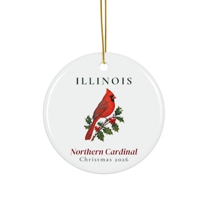 Illinois State Bird Ornament, Northern Cardinal Christmas Ornament 2026, Watercolor Bird Ornament, Illinois Gift for Bird Lover image 1
