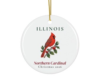 Ornement d'oiseau de l'État de l'Illinois, Cardinal rouge, Ornement de Noël 2026, Ornement d'oiseau aquarelle, Cadeau de l'Illinois pour les amoureux des oiseaux