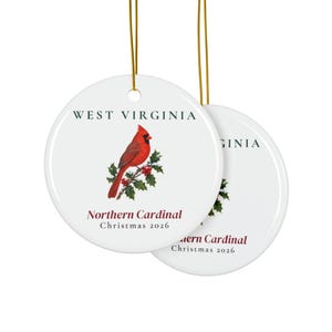 Kerstornament met de staatsvogel van West Virginia, Noordelijke kardinaal, kerstornament 2026, aquarel vogelornament, cadeau uit West Virginia voor vogelliefhebbers afbeelding 2