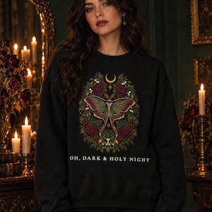 Gothic Christmas Sweatshirt, Luna Moth Holly Wreath Crewneck, Dark Academia Christmas Sweater, Witchy Moody Holiday Gift image 1