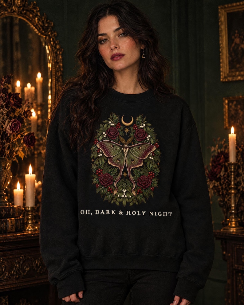 Gothic Christmas Sweatshirt, Luna Moth Holly Wreath Crewneck, Dark Academia Christmas Sweater, Witchy Moody Holiday Gift image 1