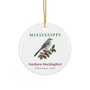 Mississippi State Bird Ornament, Northern Mockingbird Christmas Ornament 2026, Watercolor Bird Ornament, Mississippi Gift for Bird Lover image 1