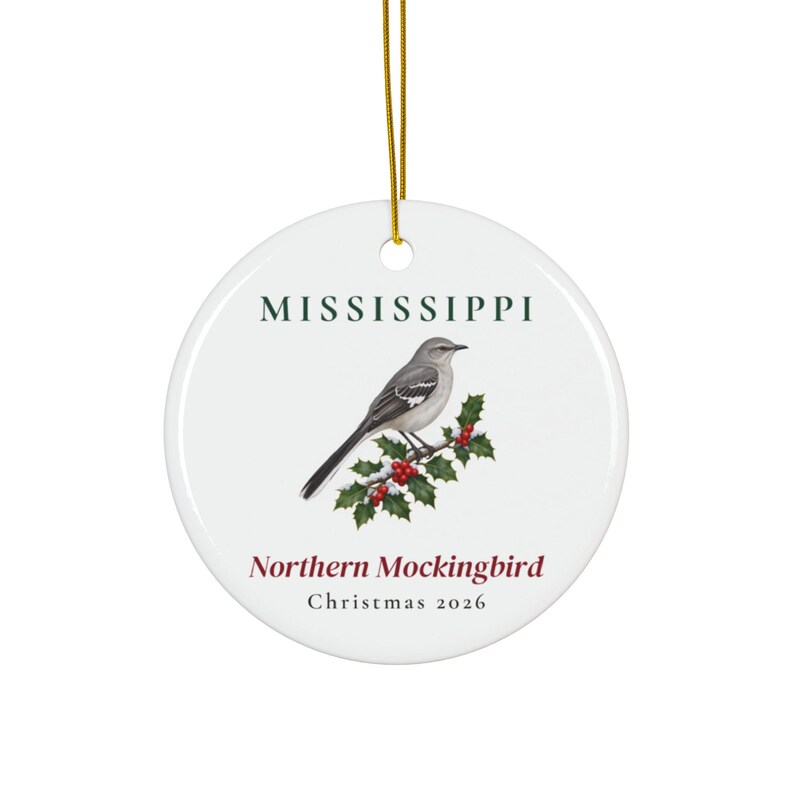 Mississippi State Bird Ornament, Northern Mockingbird Christmas Ornament 2026, Watercolor Bird Ornament, Mississippi Gift for Bird Lover image 1